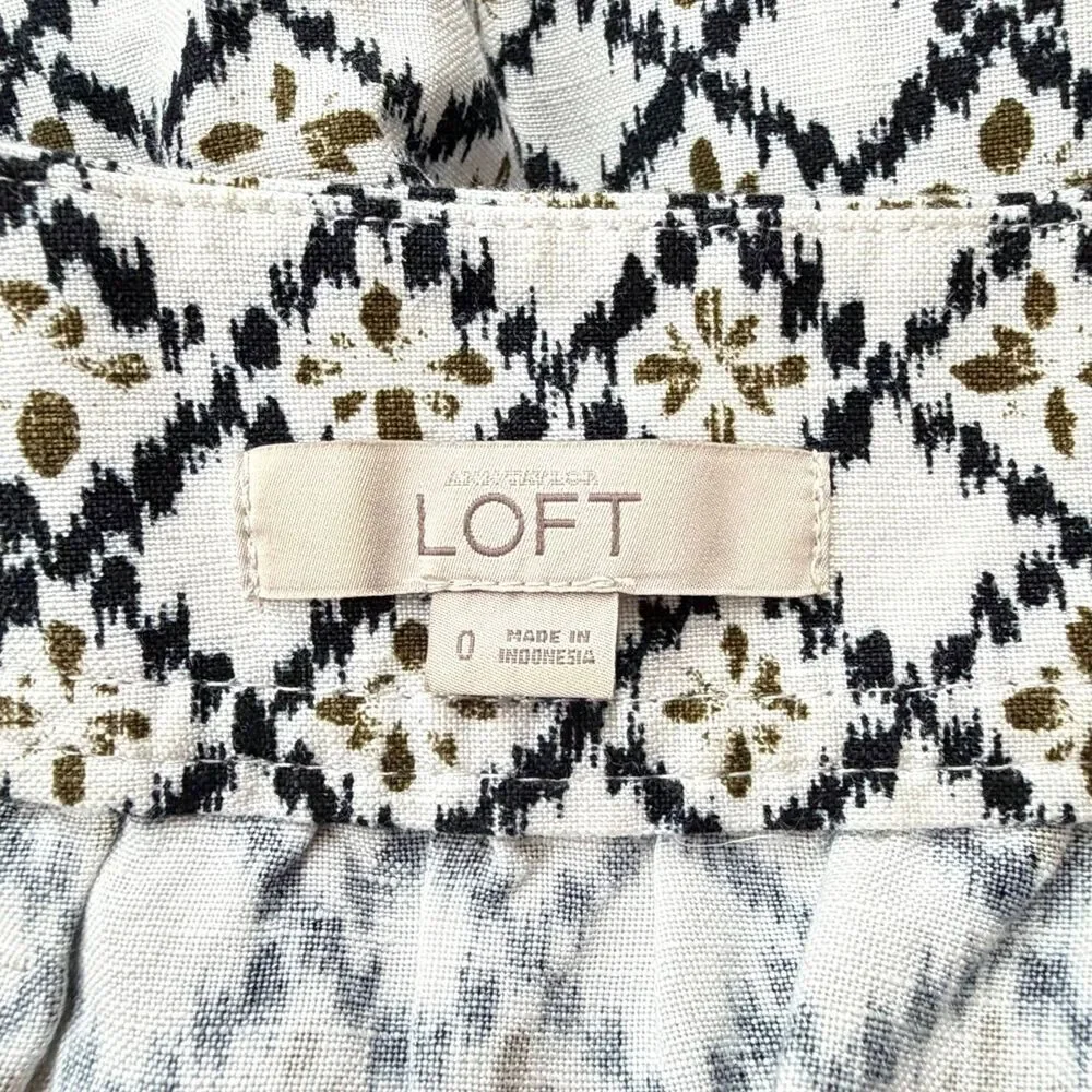 Ann Taylor Skirt Sz 0 Mini Linen Blend Geometric Mixed Prints White Black Olive - Picture 8 of 8
